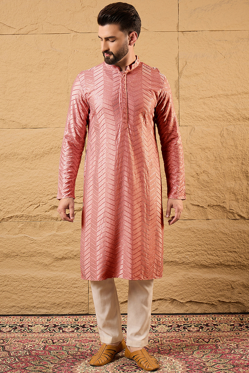 Peach Viscose Rayon Solid Embroidered Straight Kurta with Trousers | Shobitam