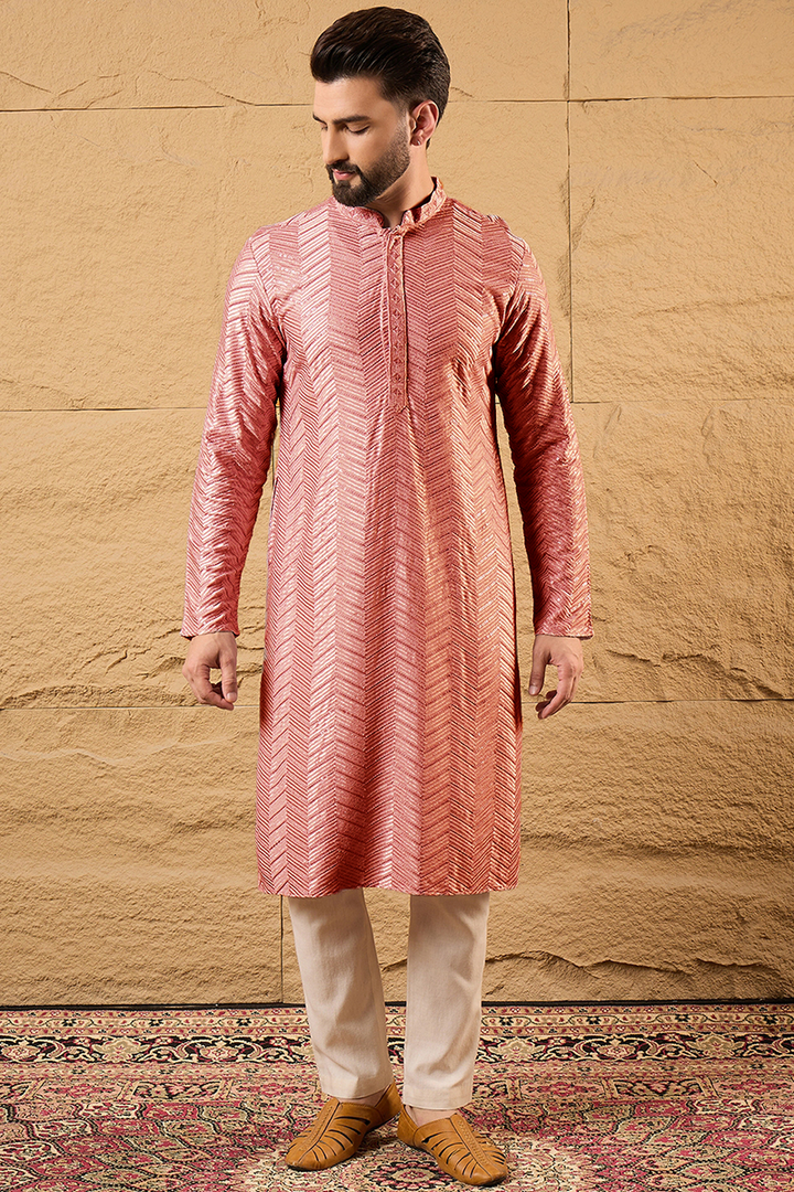 Peach Viscose Rayon Solid Embroidered Straight Kurta with Trousers | Shobitam