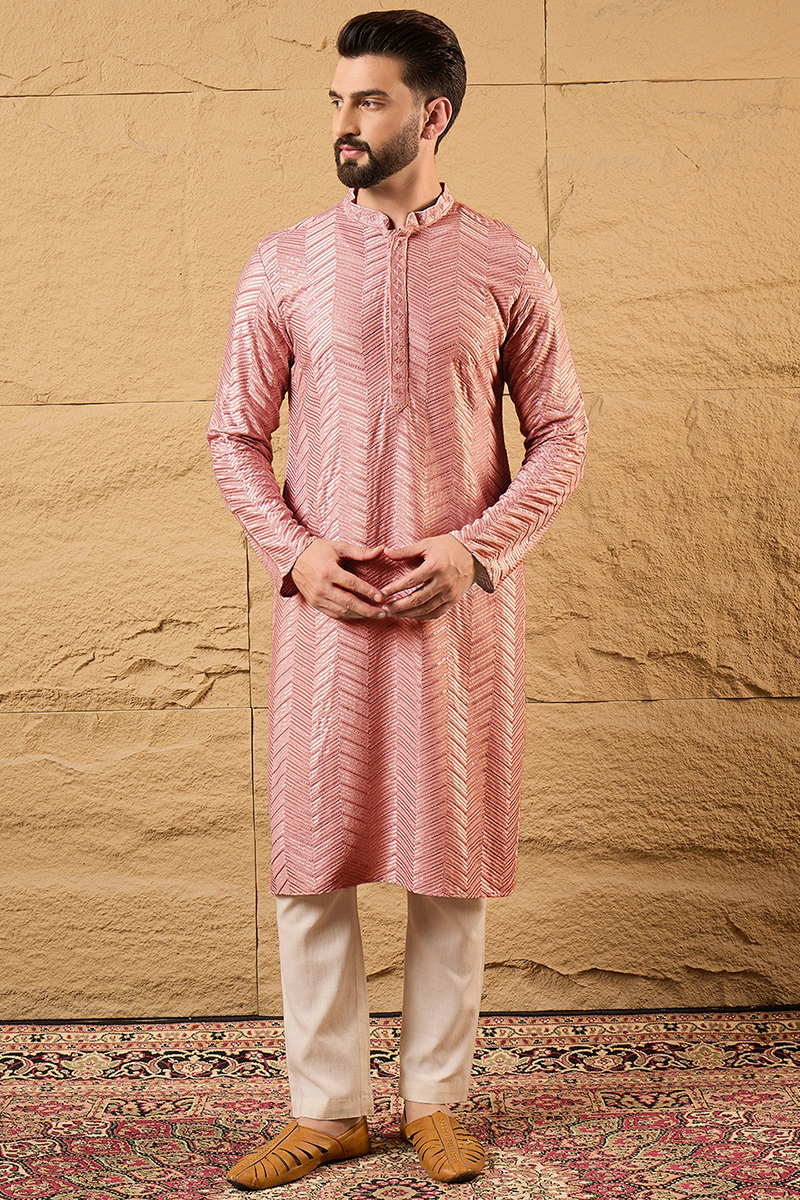 Peach Viscose Rayon Solid Embroidered Straight Kurta with Trousers | Shobitam