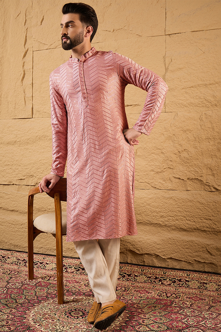 Peach Viscose Rayon Solid Embroidered Straight Kurta with Trousers | Shobitam