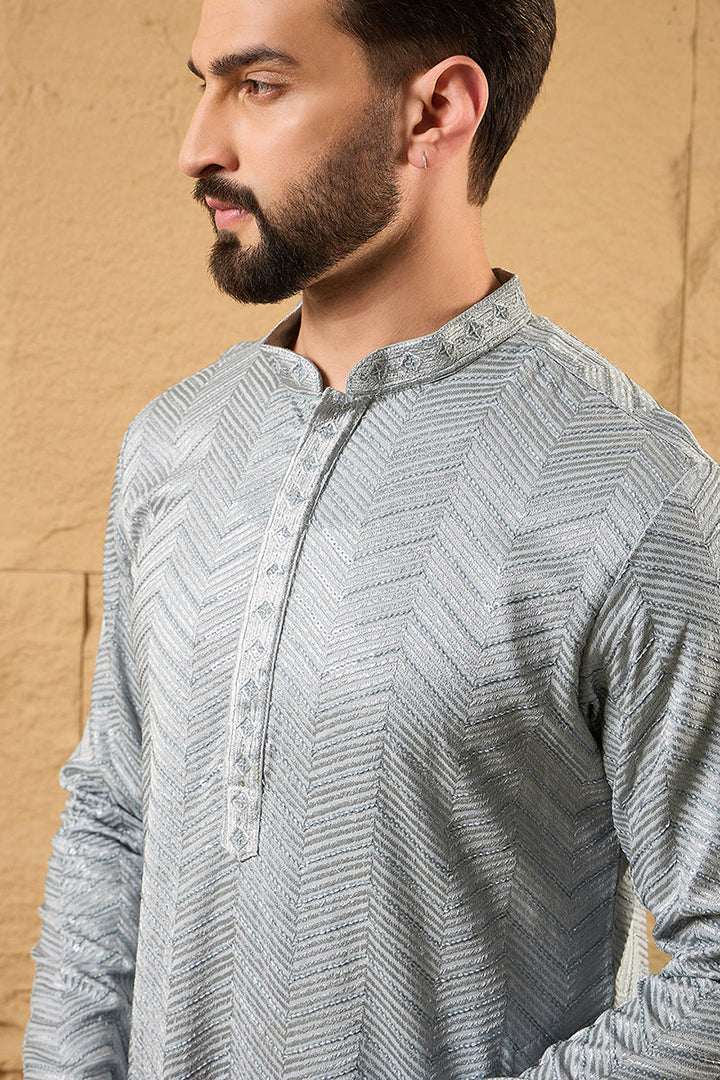 Grey Viscose Rayon Solid Embroidered Straight Kurta with Trouser  | SHOBITAM