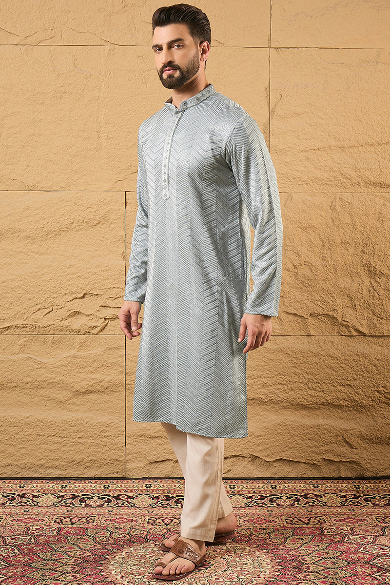 Grey Viscose Rayon Solid Embroidered Straight Kurta with Trouser  | SHOBITAM