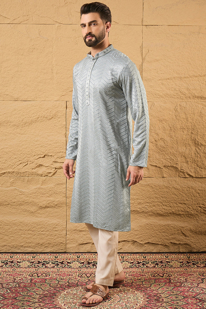 Grey Viscose Rayon Solid Embroidered Straight Kurta with Trouser  | SHOBITAM