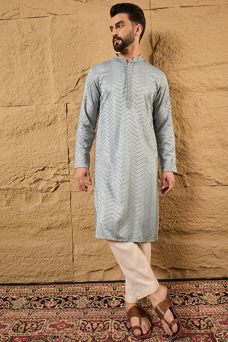 Grey Viscose Rayon Solid Embroidered Straight Kurta with Trouser  | SHOBITAM