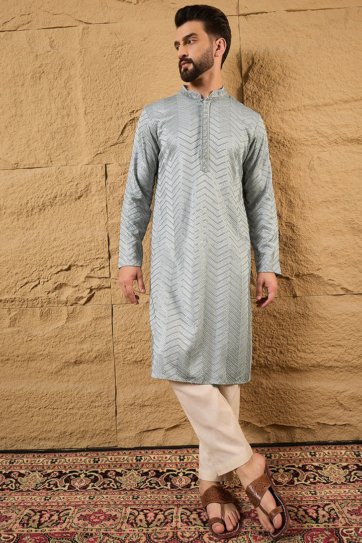 Grey Viscose Rayon Solid Embroidered Straight Kurta with Trouser  | SHOBITAM