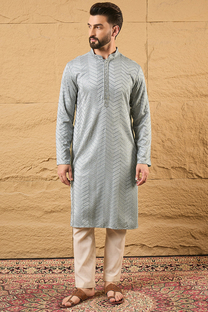 Grey Viscose Rayon Solid Embroidered Straight Kurta with Trouser  | SHOBITAM