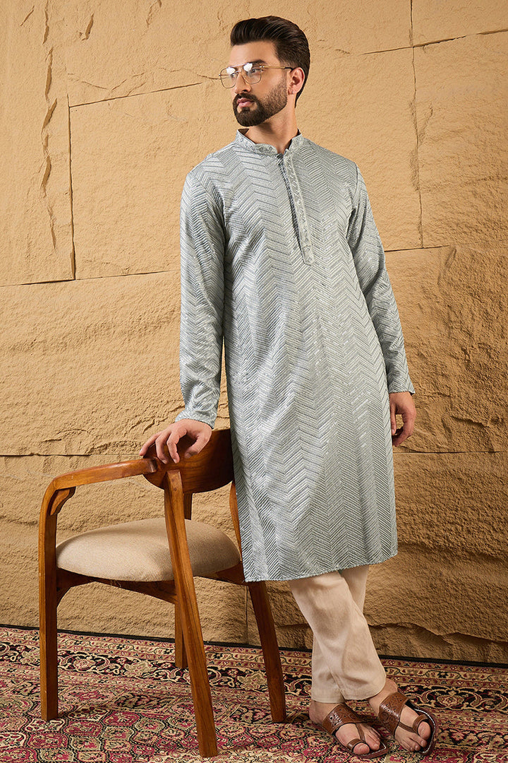 Grey Viscose Rayon Solid Embroidered Straight Kurta with Trouser  | SHOBITAM