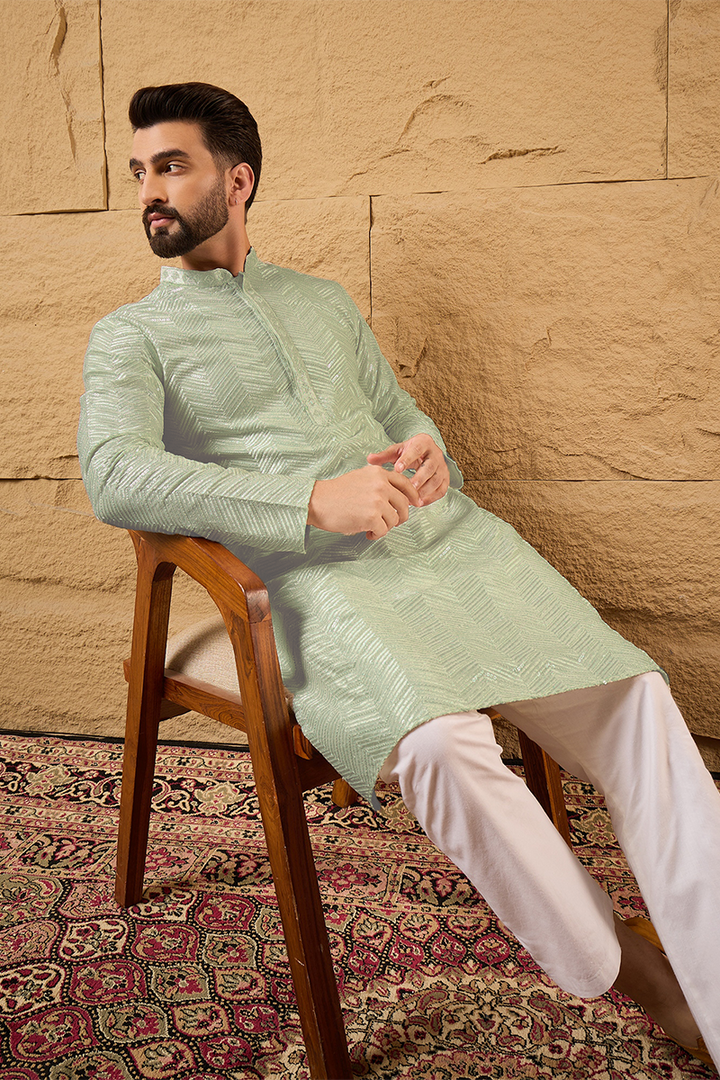 Green Viscose Rayon Solid Embroidered Straight Kurta with Trousers | SHOBITAM