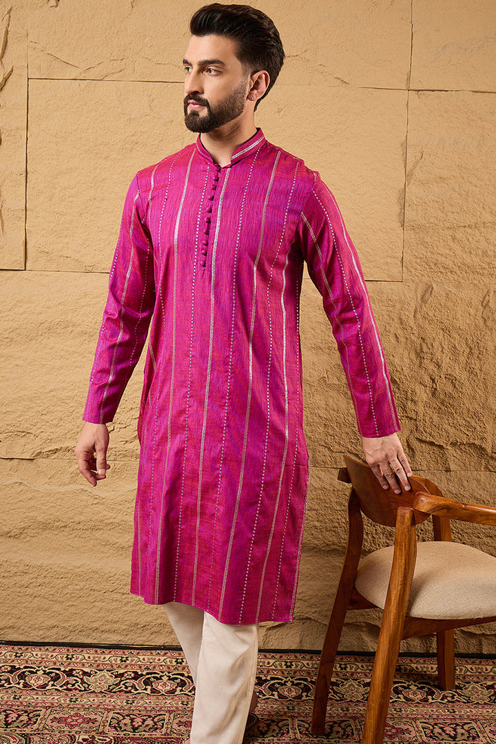 Pink Pure Cotton Solid Embroidered Straight Kurta with Trousers | SHOBITAM