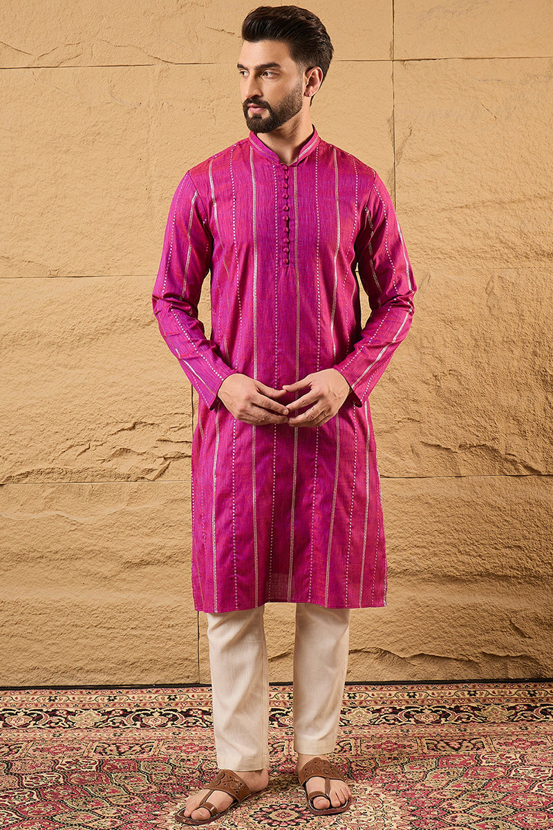 Pink Pure Cotton Solid Embroidered Straight Kurta with Trousers | SHOBITAM