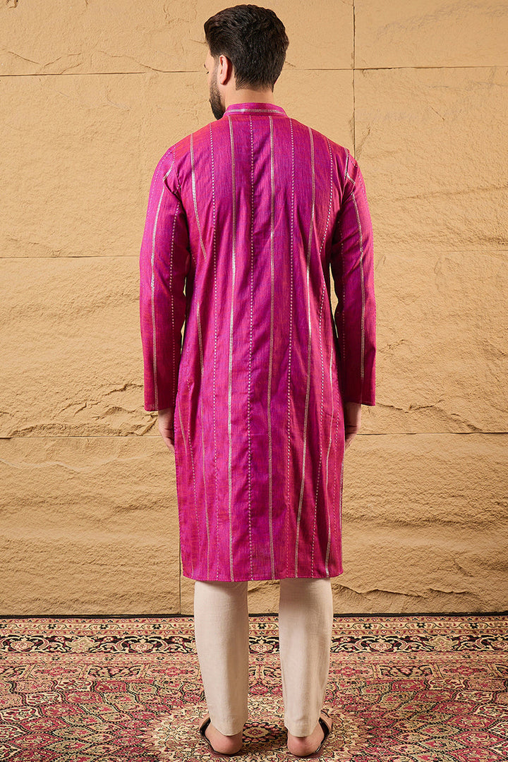 Pink Pure Cotton Solid Embroidered Straight Kurta with Trousers | SHOBITAM