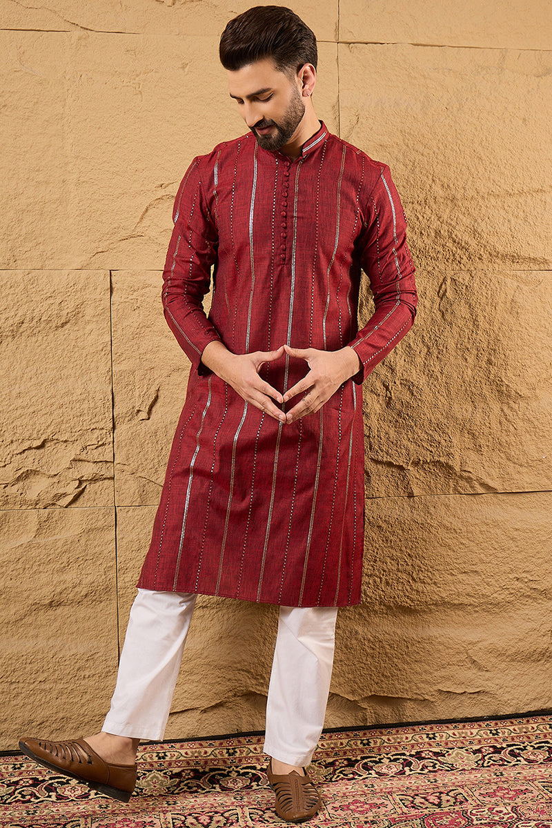 Maroon Pure Cotton Solid Embroidered Straight Kurta with Trousers | SHOBITAM