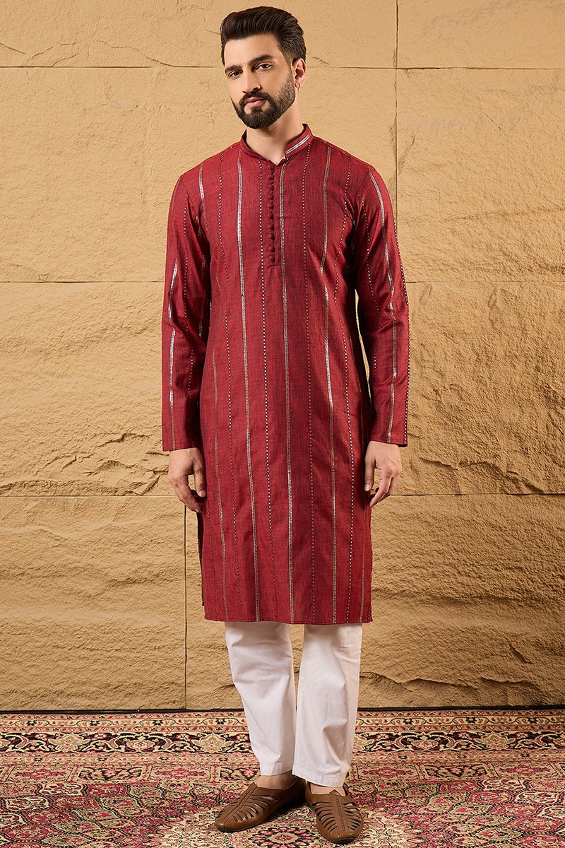 Maroon Pure Cotton Solid Embroidered Straight Kurta with Trousers | SHOBITAM