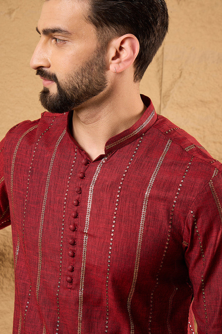Maroon Pure Cotton Solid Embroidered Straight Kurta with Trousers | SHOBITAM
