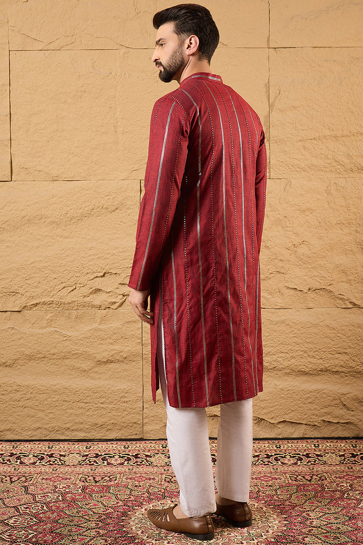 Maroon Pure Cotton Solid Embroidered Straight Kurta with Trousers | SHOBITAM
