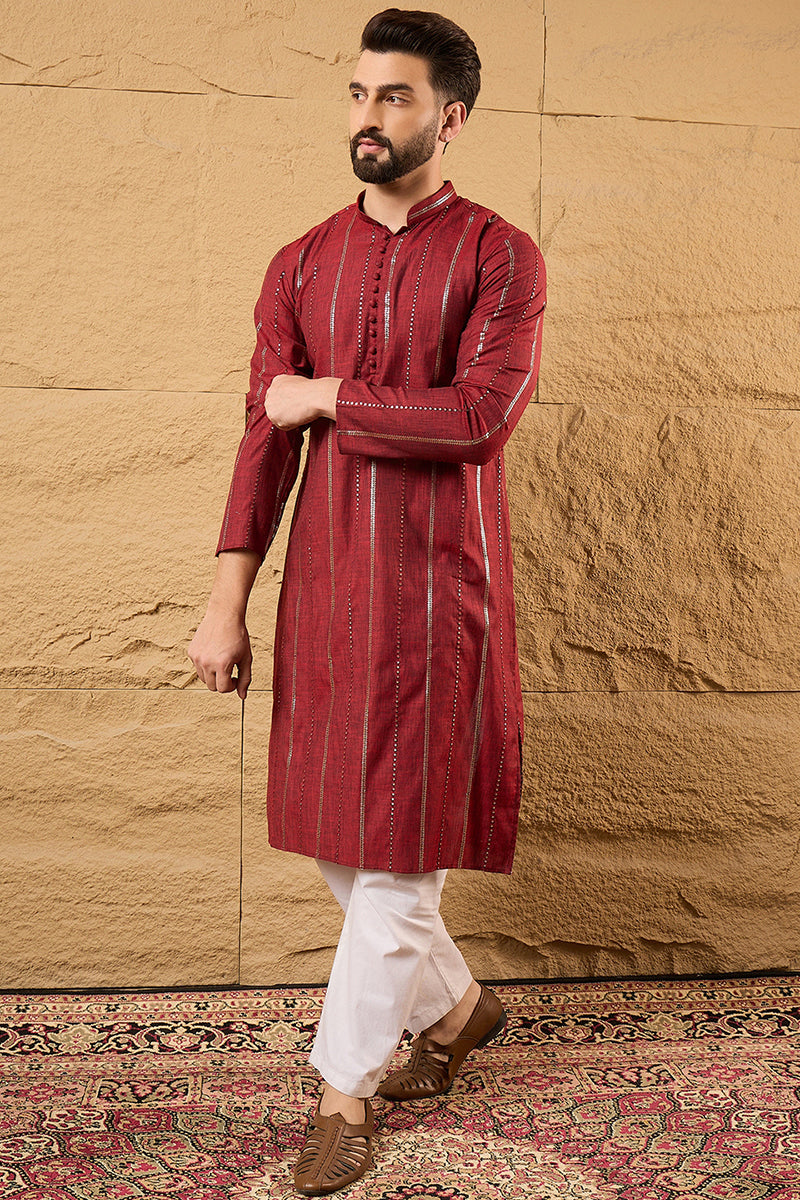 Maroon Pure Cotton Solid Embroidered Straight Kurta with Trousers | SHOBITAM