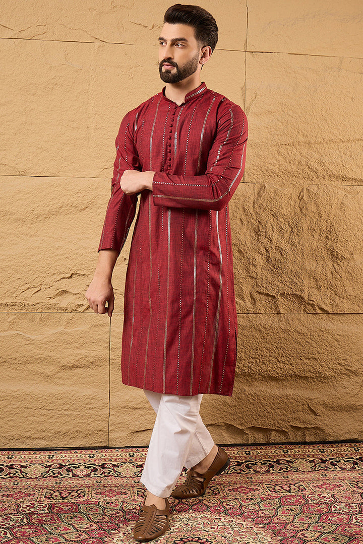 Maroon Pure Cotton Solid Embroidered Straight Kurta with Trousers | SHOBITAM