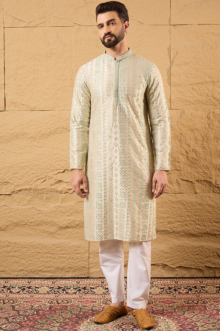 Off White Silk Blend Solid Embroidered Straight Kurta with Trouser  | SHOBITAM