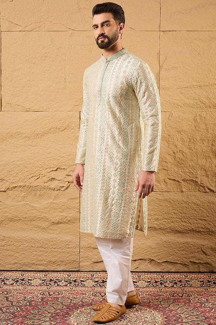 Off White Silk Blend Solid Embroidered Straight Kurta with Trouser  | SHOBITAM