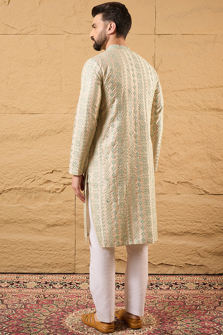 Off White Silk Blend Solid Embroidered Straight Kurta with Trouser  | SHOBITAM