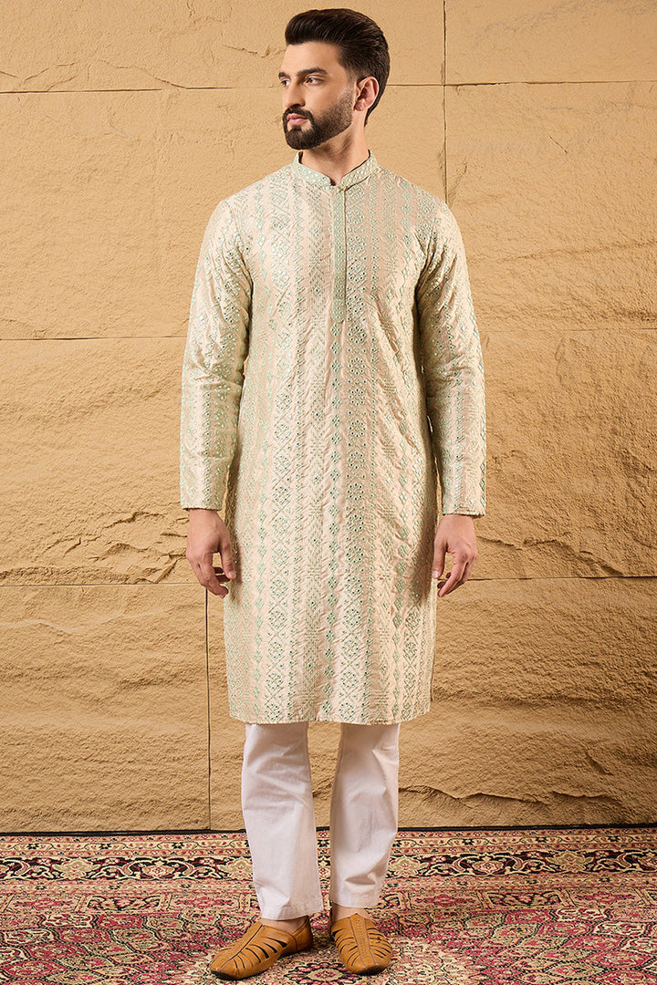 Off White Silk Blend Solid Embroidered Straight Kurta with Trouser  | SHOBITAM