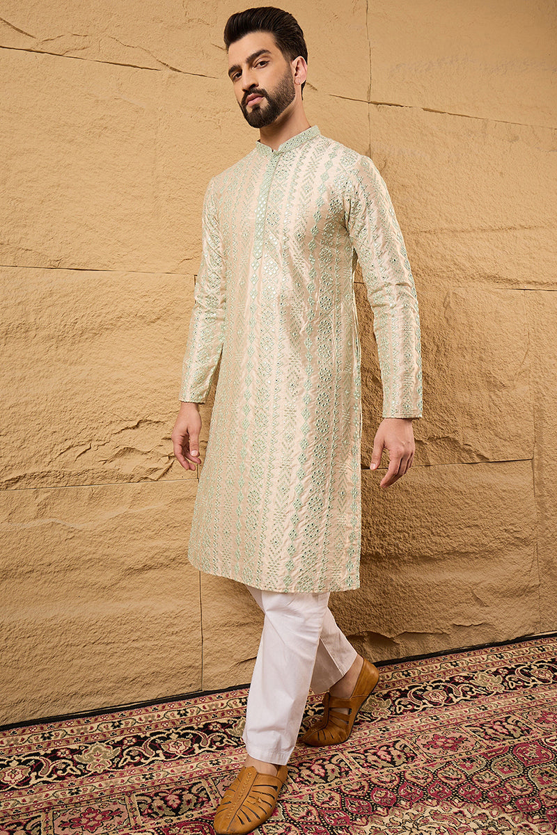 Off White Silk Blend Solid Embroidered Straight Kurta with Trouser  | SHOBITAM