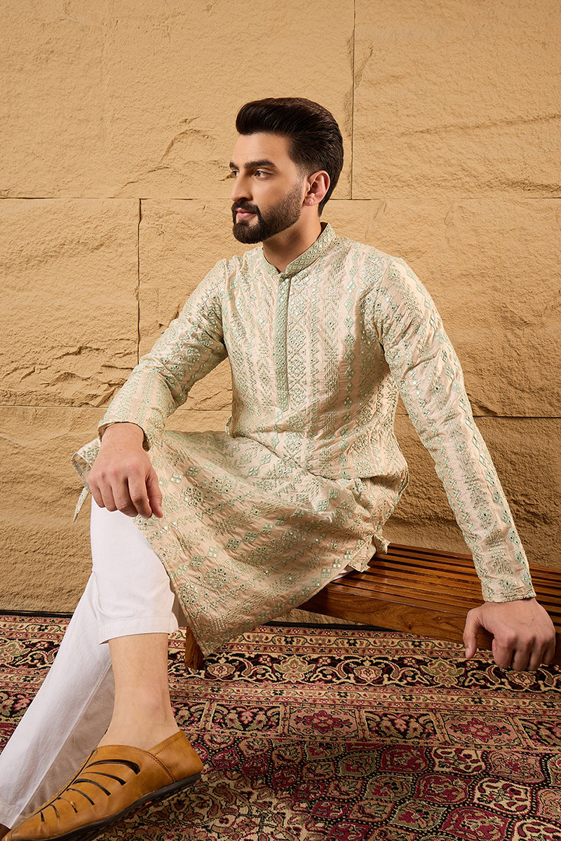 Off White Silk Blend Solid Embroidered Straight Kurta with Trouser  | SHOBITAM