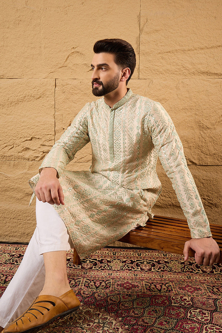 Off White Silk Blend Solid Embroidered Straight Kurta with Trouser  | SHOBITAM