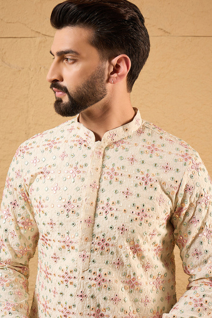 Off White Silk Blend Solid Embroidered Straight Kurta with Trouser  | SHOBITAM