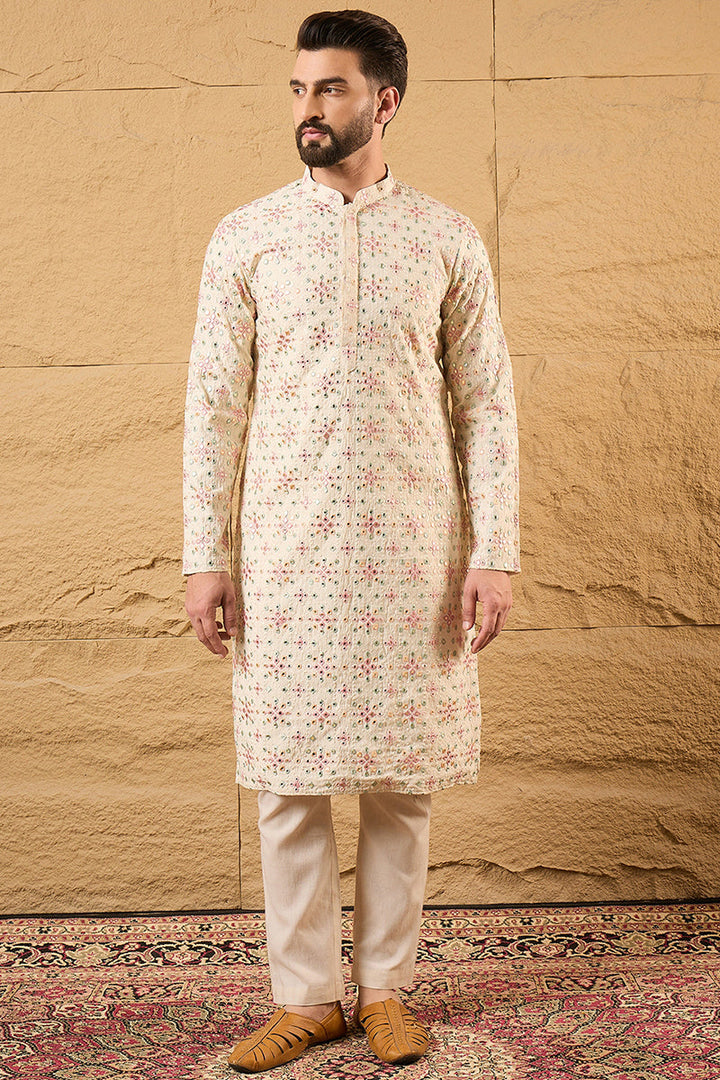 Off White Silk Blend Solid Embroidered Straight Kurta with Trouser  | SHOBITAM