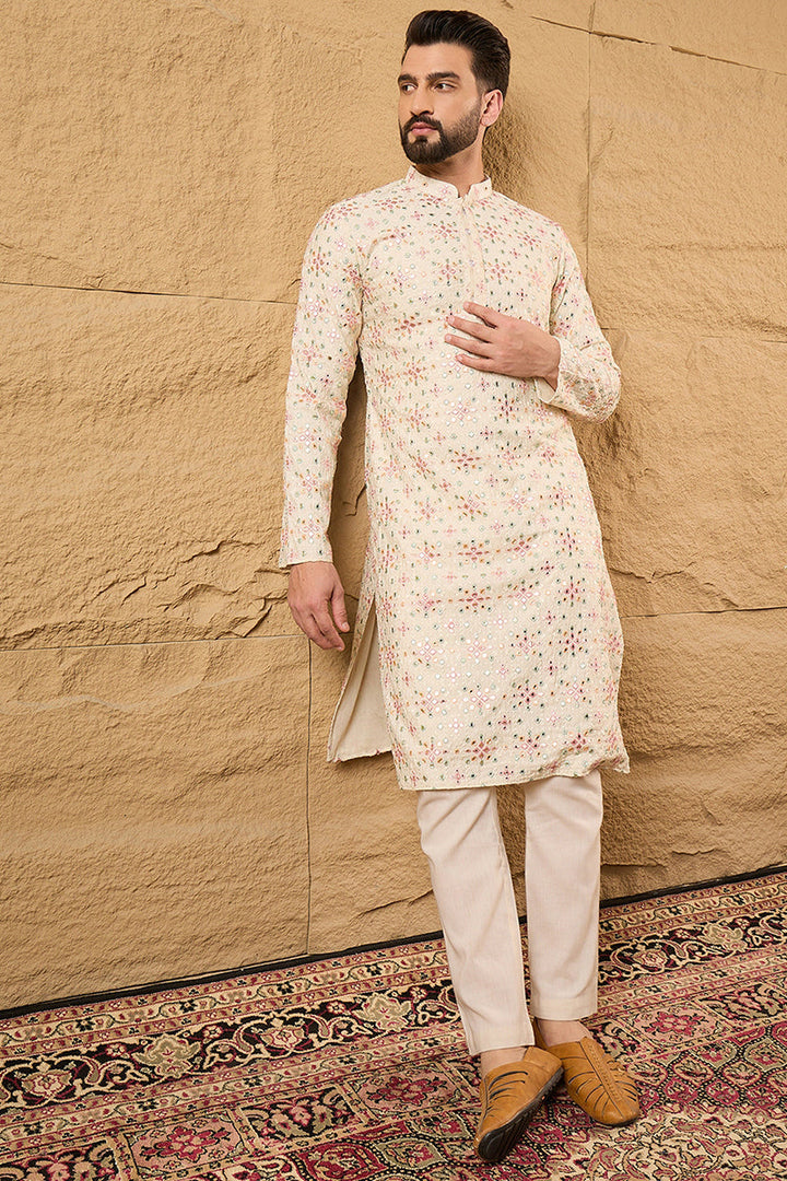 Off White Silk Blend Solid Embroidered Straight Kurta with Trouser  | SHOBITAM