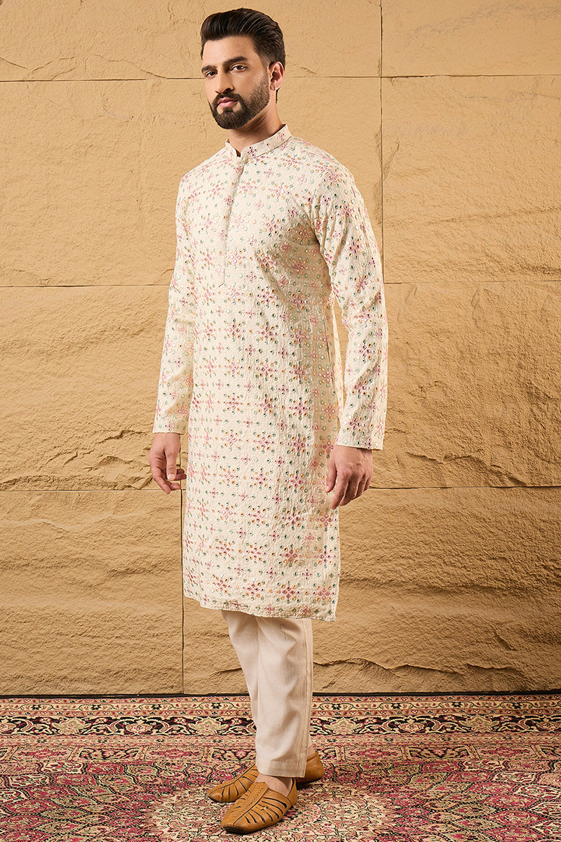 Off White Silk Blend Solid Embroidered Straight Kurta with Trouser  | SHOBITAM