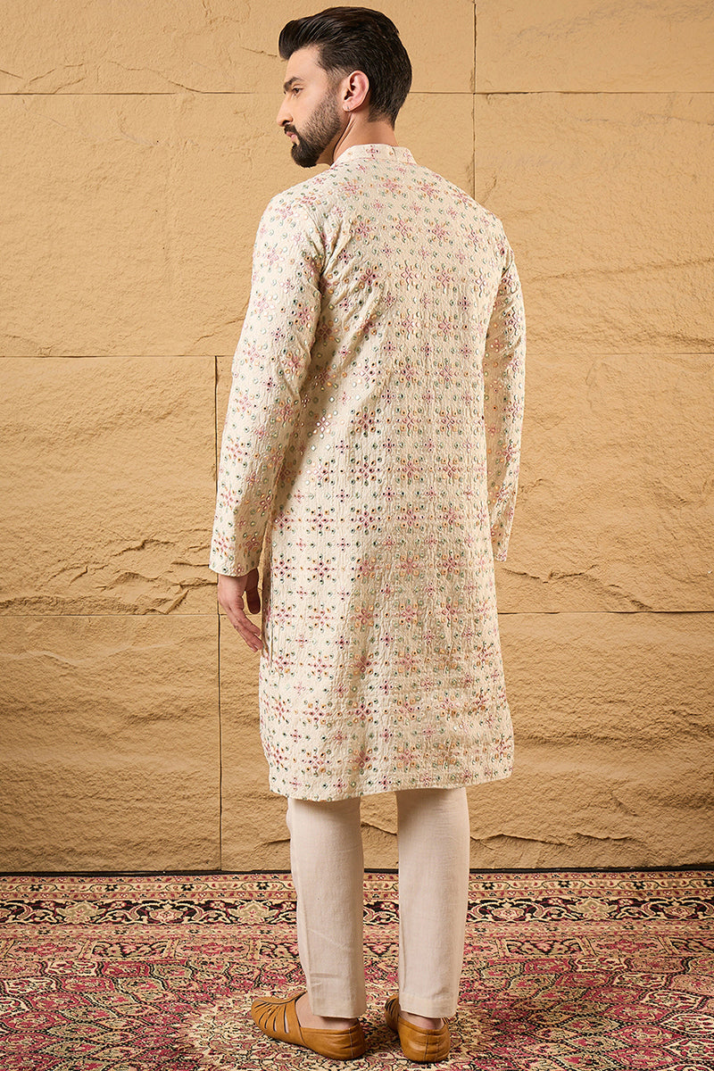 Off White Silk Blend Solid Embroidered Straight Kurta with Trouser  | SHOBITAM