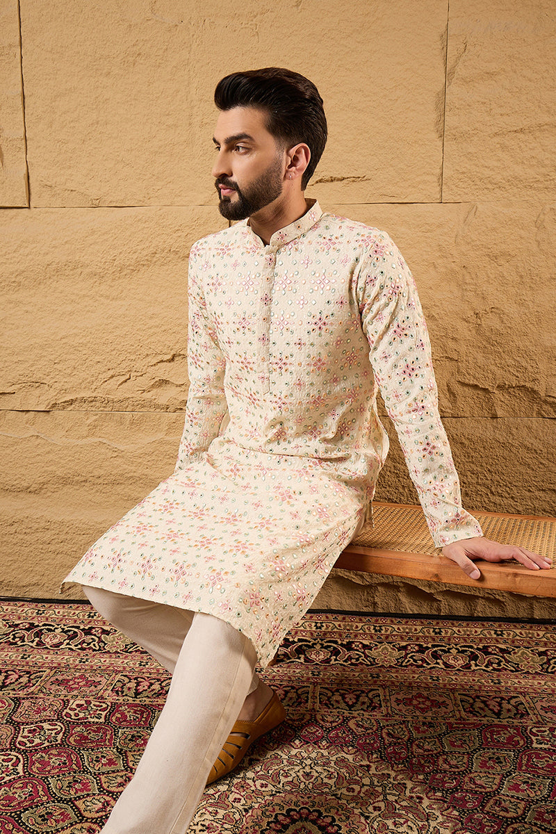 Off White Silk Blend Solid Embroidered Straight Kurta with Trouser  | SHOBITAM