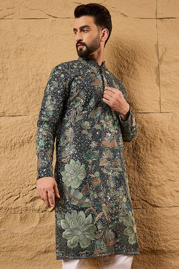 Green Silk Georgette Solid Embroidered Straight Kurta with Trouser  | SHOBITAM