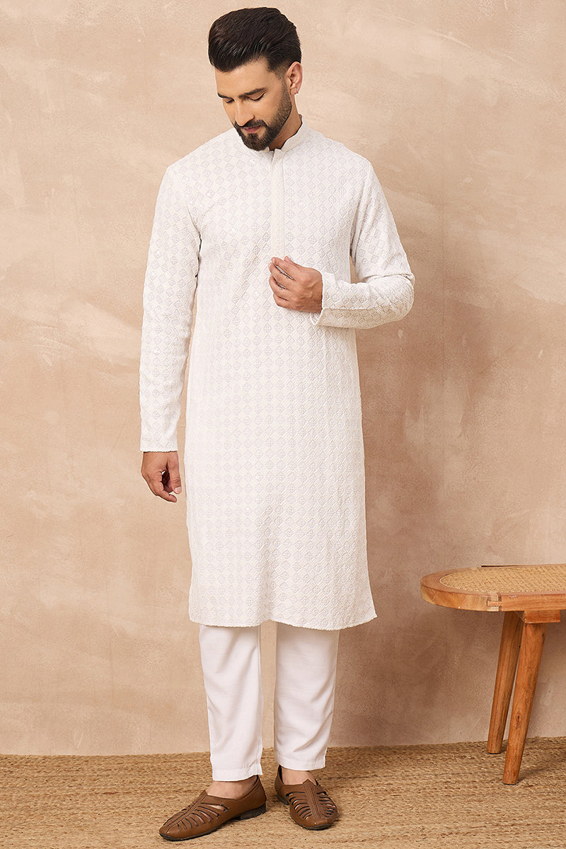 White Viscose Rayon Solid Embroidered Straight Kurta with Trouser | SHOBITAM