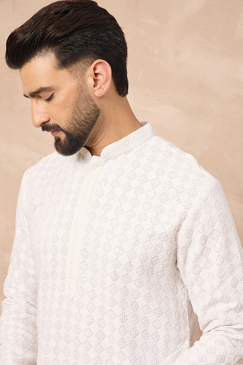 White Viscose Rayon Solid Embroidered Straight Kurta with Trouser | SHOBITAM
