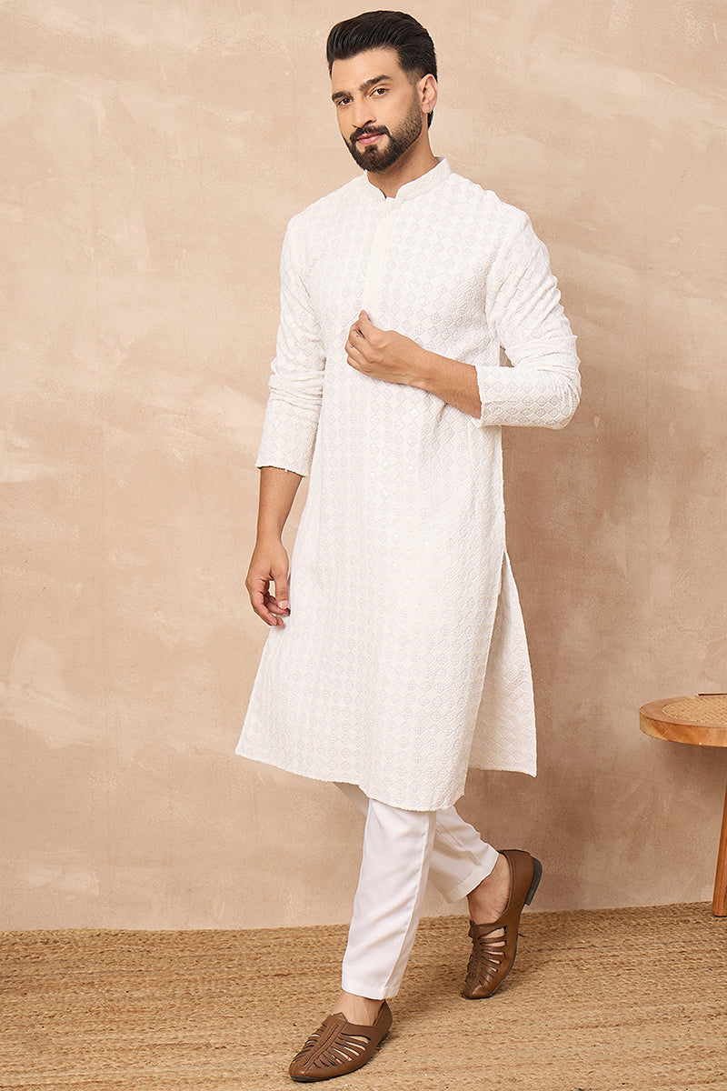 White Viscose Rayon Solid Embroidered Straight Kurta with Trouser | SHOBITAM