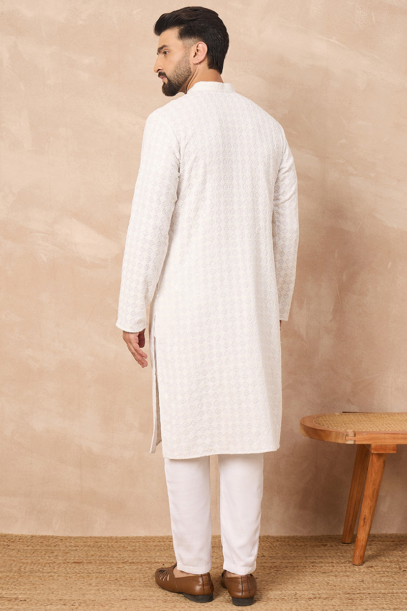 White Viscose Rayon Solid Embroidered Straight Kurta with Trouser | SHOBITAM