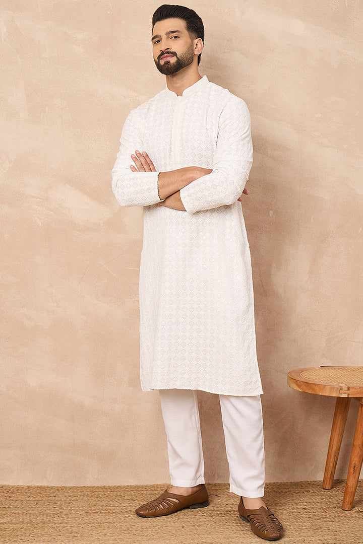 White Viscose Rayon Solid Embroidered Straight Kurta with Trouser | SHOBITAM