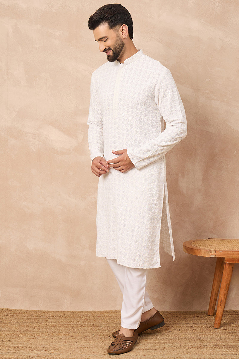 White Viscose Rayon Solid Embroidered Straight Kurta with Trouser | SHOBITAM