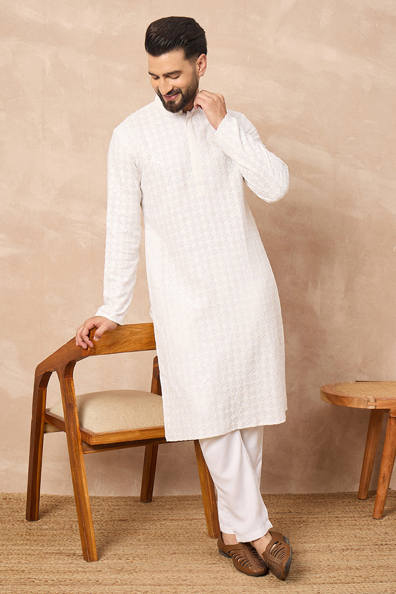 White Viscose Rayon Solid Embroidered Straight Kurta with Trouser | SHOBITAM