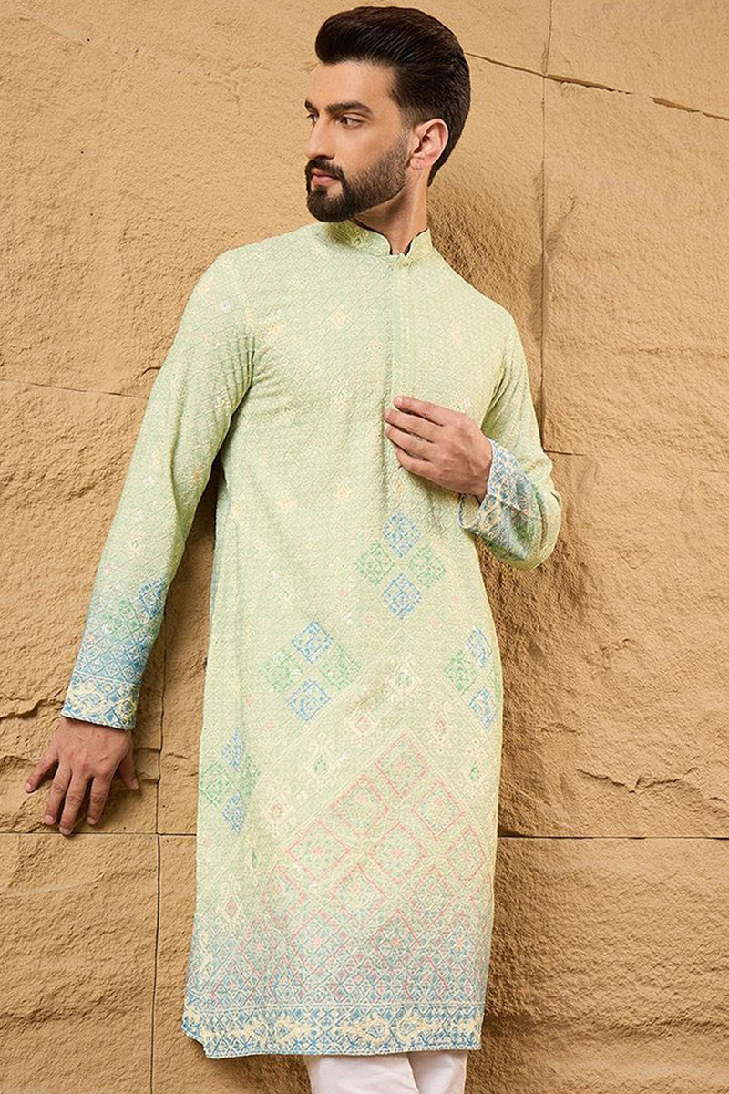 Green Viscose Rayon Bandhani Embroidered Straight Kurta with Trouser  | SHOBITAM