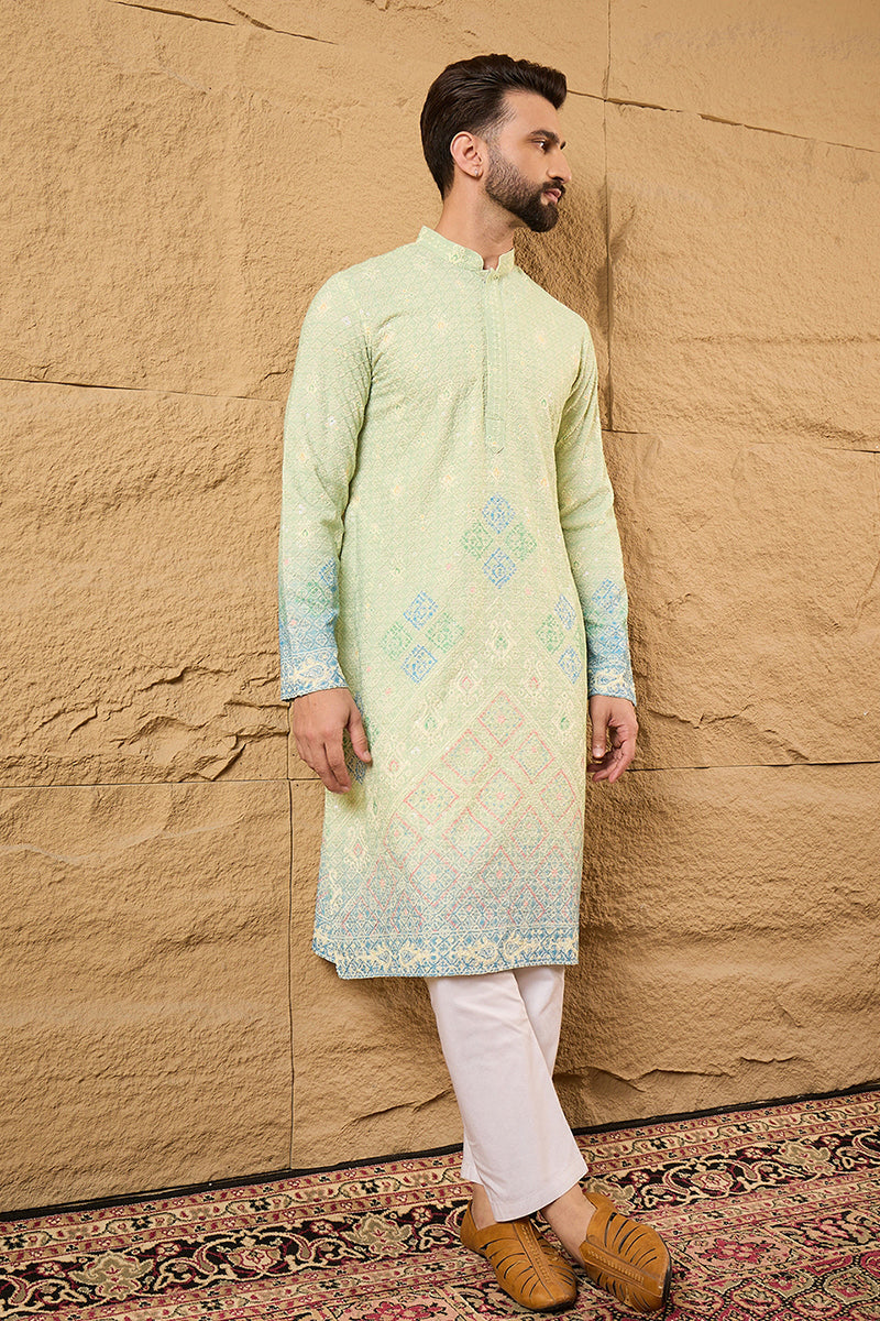 Green Viscose Rayon Bandhani Embroidered Straight Kurta with Trouser  | SHOBITAM