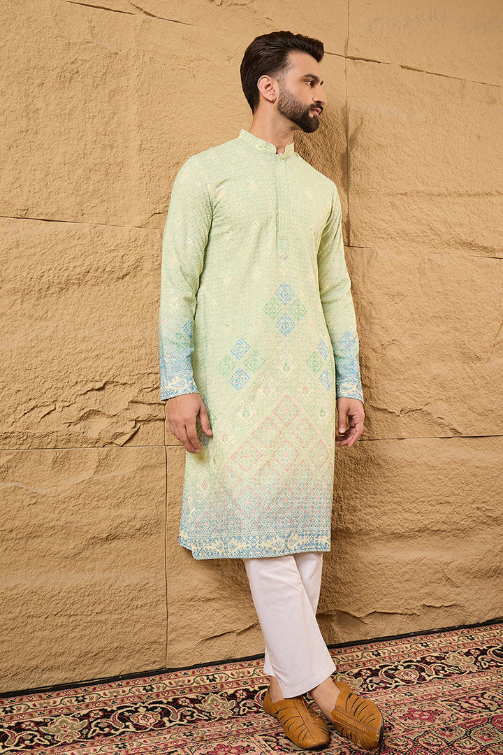 Green Viscose Rayon Bandhani Embroidered Straight Kurta with Trouser  | SHOBITAM