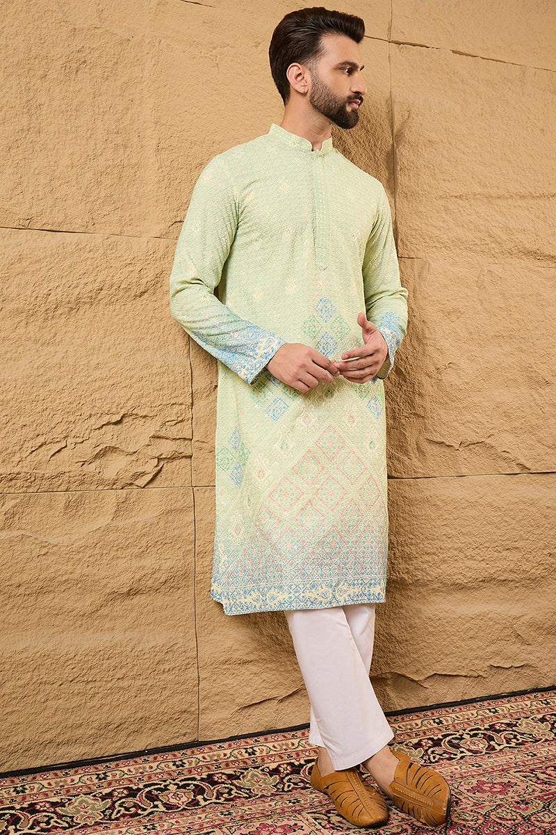 Green Viscose Rayon Bandhani Embroidered Straight Kurta with Trouser  | SHOBITAM