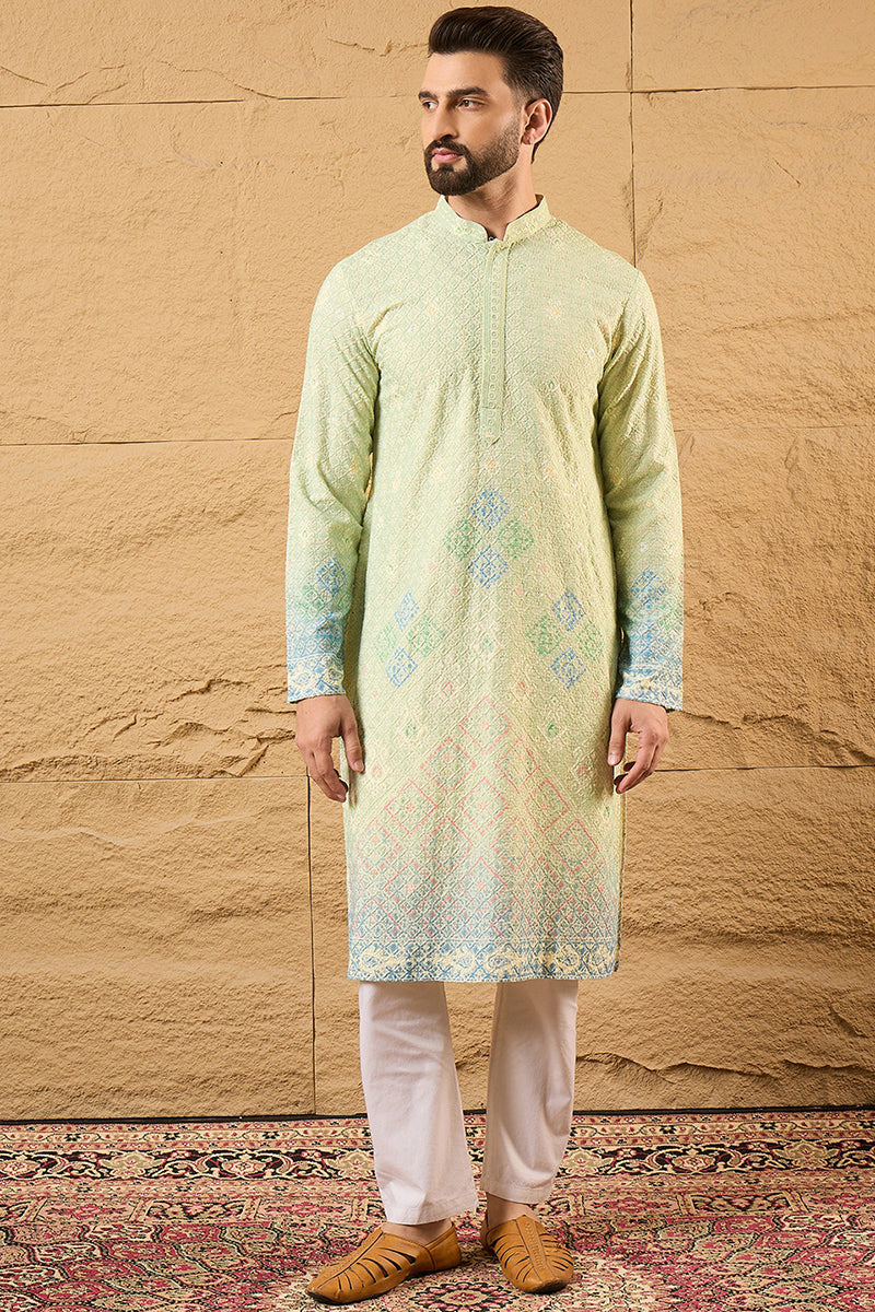 Green Viscose Rayon Bandhani Embroidered Straight Kurta with Trouser  | SHOBITAM