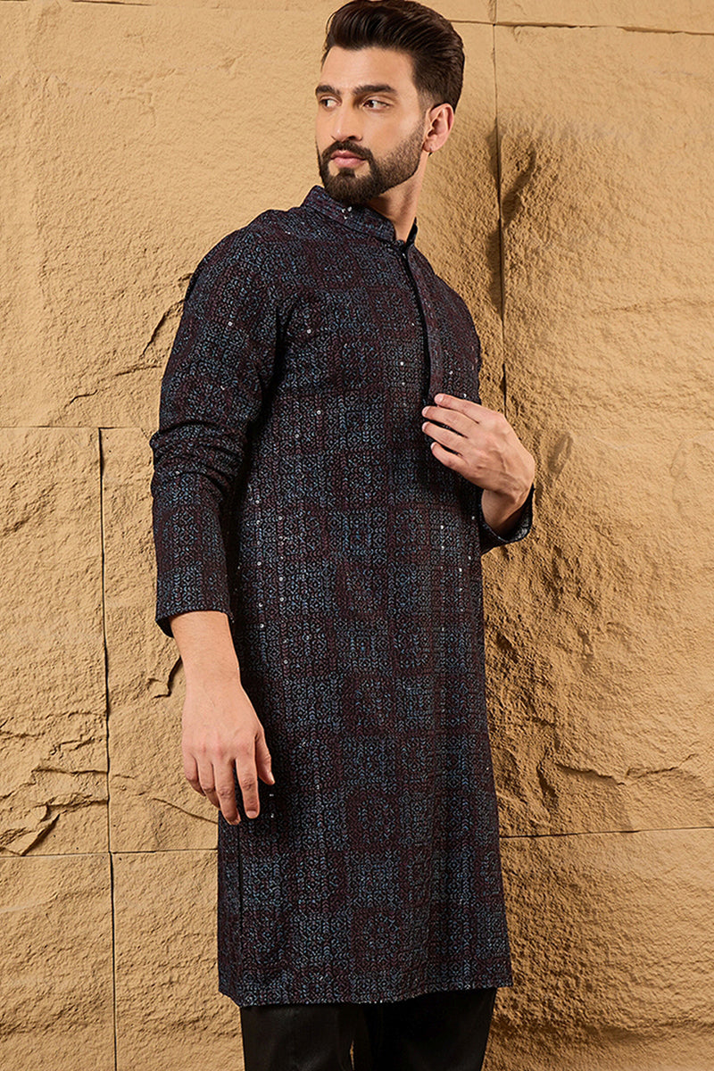 Black Viscose Rayon Geometric Embroidered Chikankari Straight Kurta Pant Set | SHOBITAM