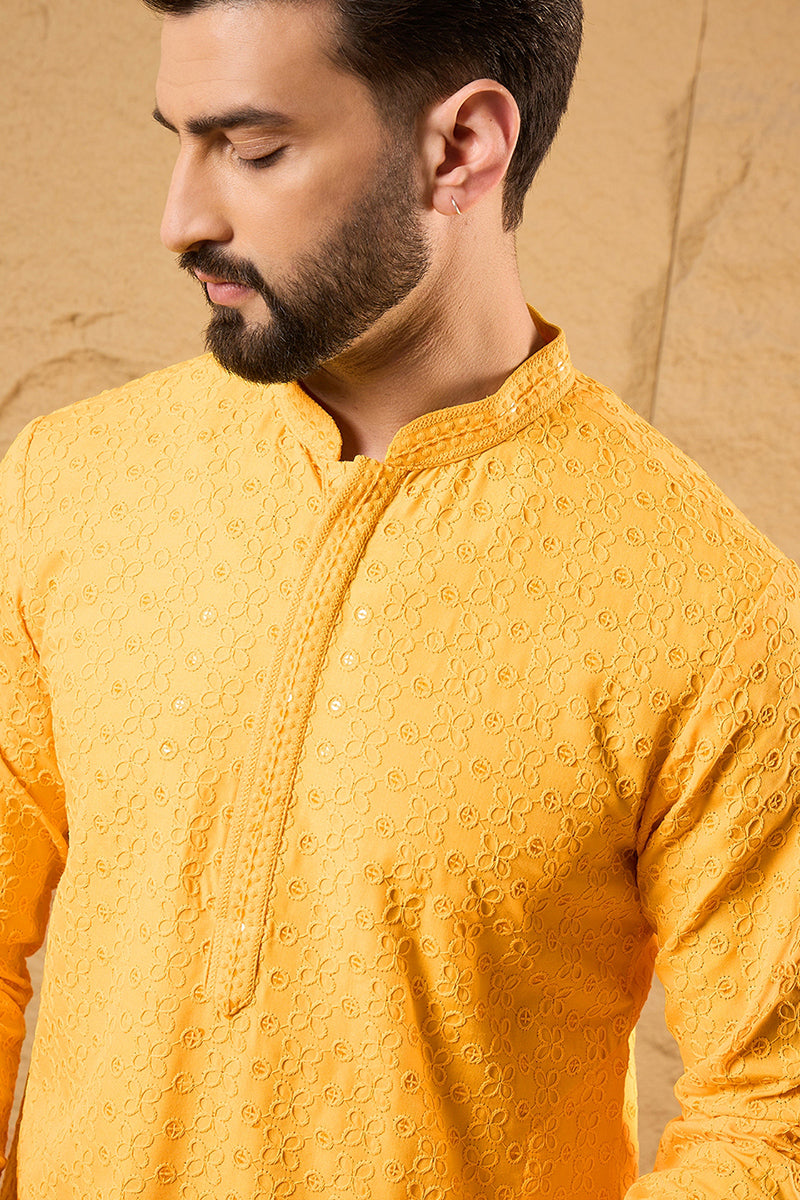 Yellow Viscose Rayon Solid Embroidered Straight Kurta with Trouser  | SHOBITAM