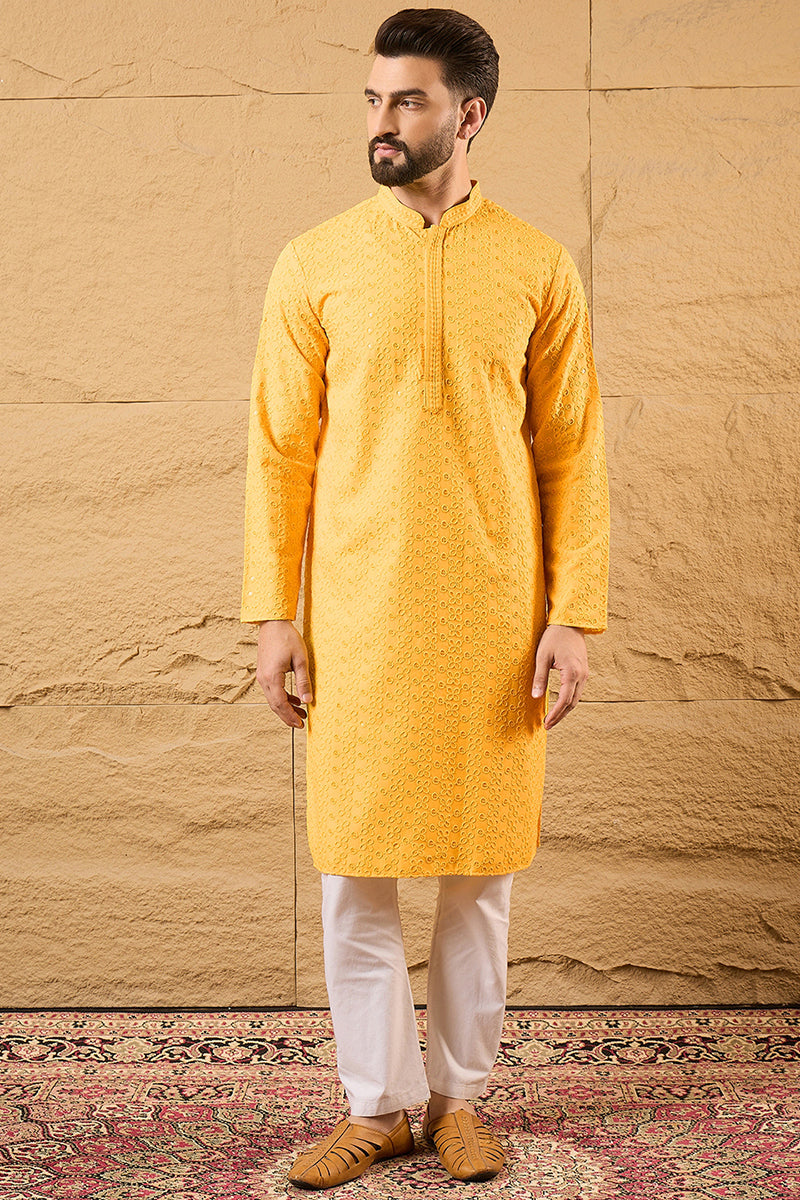 Yellow Viscose Rayon Solid Embroidered Straight Kurta with Trouser  | SHOBITAM